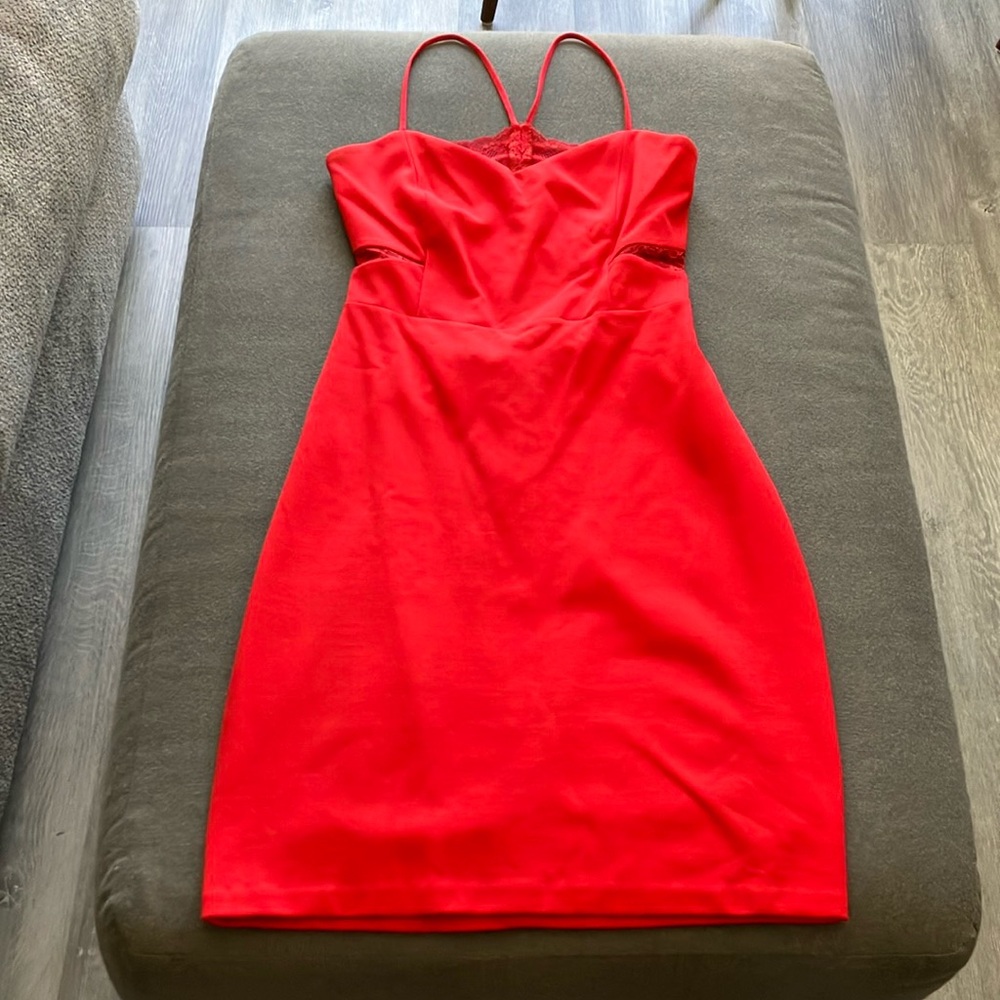 Express Elegant Red Lace Racer/Open Back Spaghetti Strap Dress